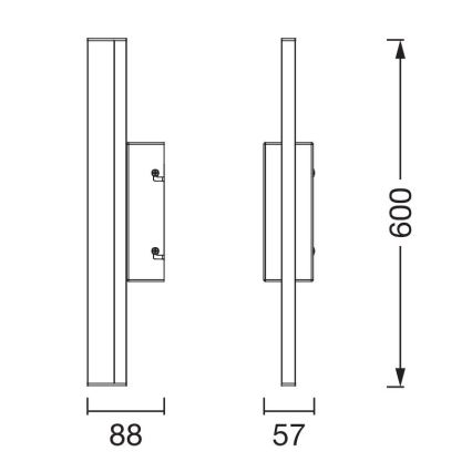 Svietidlo sa montuje na stenu. Má rozmery 88 x 57 x 600 mm. Je zobrazené v dvoch pohľadoch, prednom a bočnom.