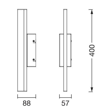 Svietidlo s rozmermi 88 x 400 x 57 mm je zobrazené v dvoch pohľadoch. Pripevňuje sa k stene pomocou úchytiek.