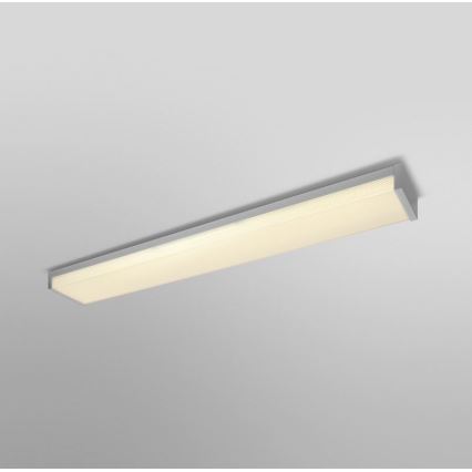 Dlhá stropná LED lampa s difúznym svetlom je pripevnená k stropu. Lampa je obdĺžniková, striebornej farby s mliečnym difúzorom. Je umiestnená na svetlom sivom pozadí.