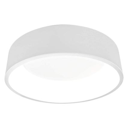 Biela kruhová stropná lampa svieti. Je umiestnená na strope.