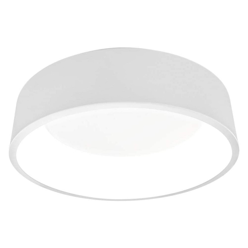 Biela kruhová stropná lampa svieti. Je umiestnená na strope.