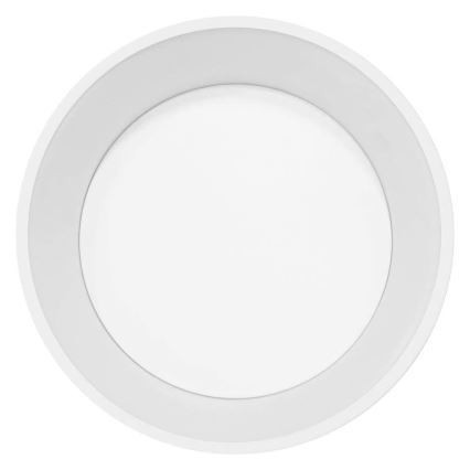 Okrúhle svietidlo je zobrazené na bielom pozadí. Svietidlo má biely povrch s vnútorným okrúhlym svetlom a širším okrajom.
