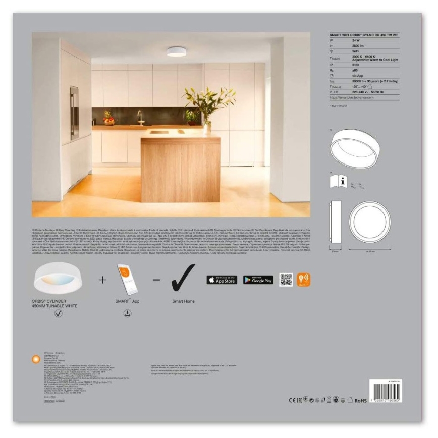 Svetlo ORBIS CYLINDER 450mm, nastaviteľné biele svetlo, je inštalované v kuchyni. Ovládanie je cez aplikáciu Smart Home. Na obrázku je zobrazený aj návod na montáž a technické parametre.