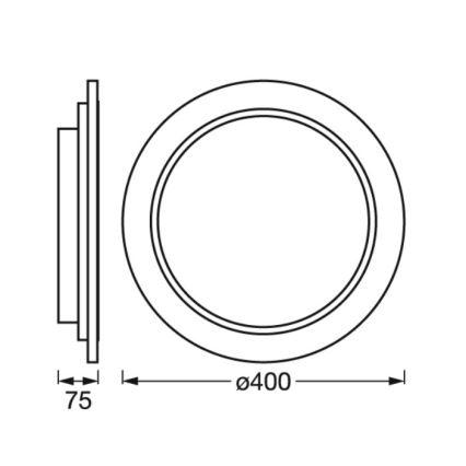 Technický výkres kruhového prvku s priemerom 400 mm a hĺbkou 75 mm. Je znázornený z predného a bočného pohľadu.