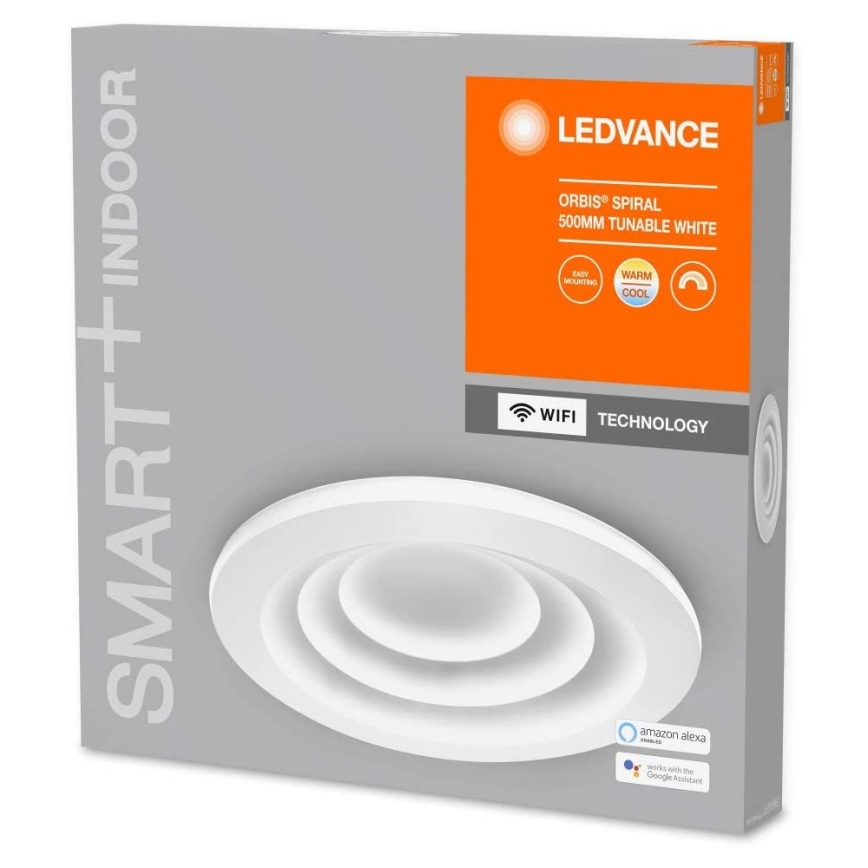 Okrúhle stropné LED svietidlo s tromi kruhmi, integrovaná WiFi technológia, nastaviteľná teplota svetla (teplá až studená biela), 500 mm priemer. Balenie s označením LEDVANCE Orbis Spiral 500mm Tunable White, kompatibilné s Amazon Alexa a Google Assistant.