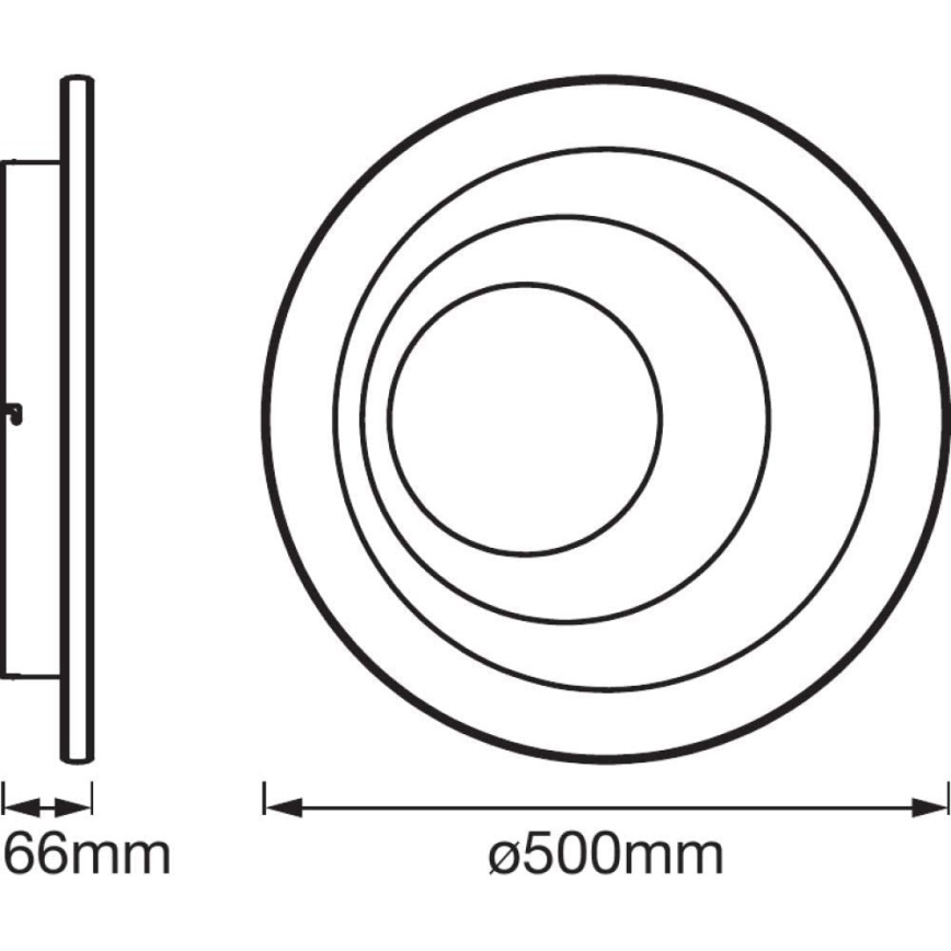 Svietidlo s priemerom 500 mm a hrúbkou 66 mm je zobrazené v čelnom a bočnom pohľade. Svietidlo má koncentrické kruhy.