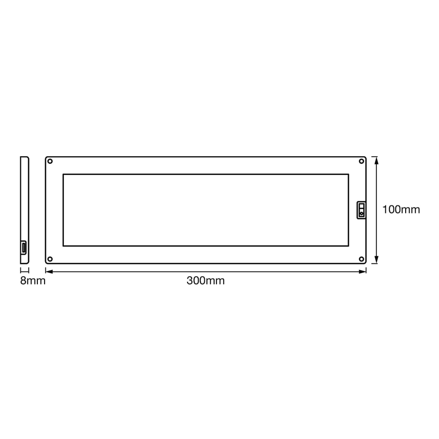 Obdĺžniková skriňa s vnútorným otvorom má rozmery 300mm x 100mm x 8mm. Je znázornená technická schéma s rozmermi.