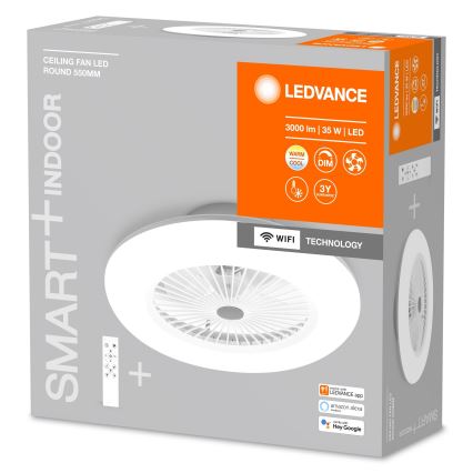 LED stropný ventilátor s LED osvetlením, priemer 550 mm, inteligentný, s diaľkovým ovládaním, kompatibilný s WiFi, Amazon Alexa a Google Assistant. Balenie obsahuje ventilátor a diaľkový ovládač.