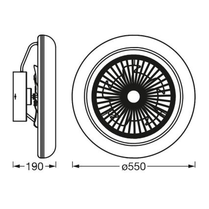 Nástený ventilátor s priemerom 550 mm a hĺbkou 190 mm je zobrazený v čelnom a bočnom pohľade s technickými rozmermi.