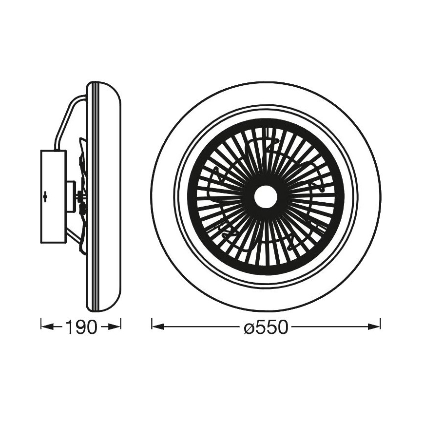 Nástený ventilátor s priemerom 550 mm a hĺbkou 190 mm je zobrazený v čelnom a bočnom pohľade s technickými rozmermi.