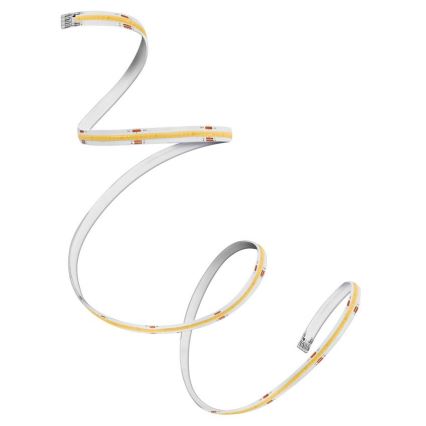 LED páska sa vinie do špirály na bielom pozadí. Páska je biela s integrovanými žltými LED diódami a malými hnedými súčiastkami. Na koncoch pásky sú viditeľné konektory.