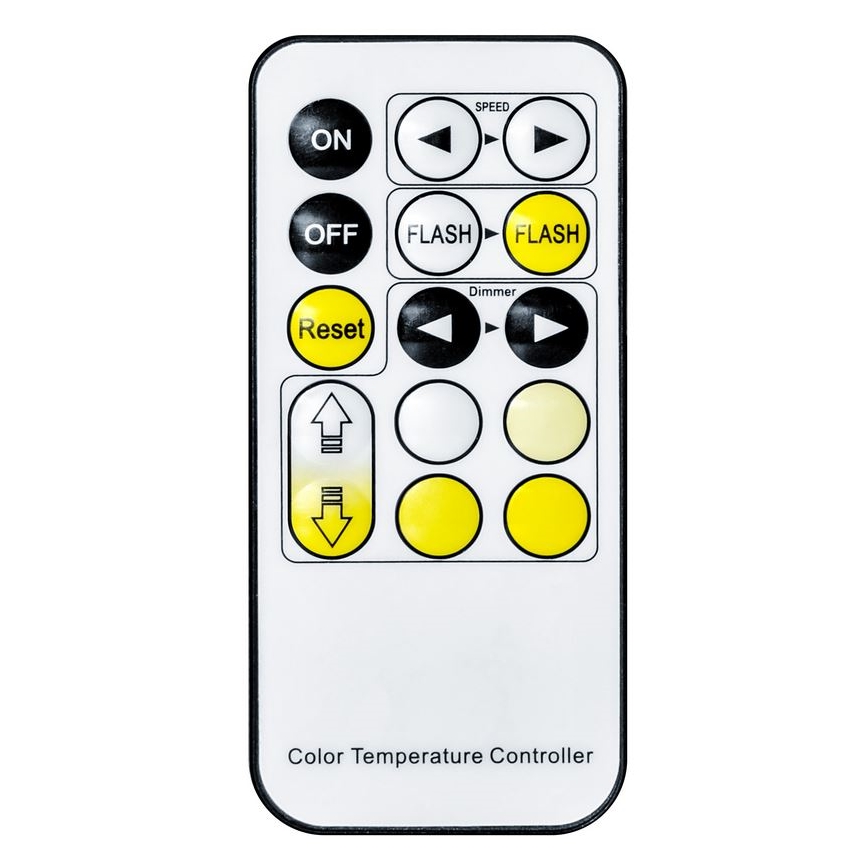 Diaľkové ovládanie umožňuje zapínanie, vypínanie, nastavenie rýchlosti blikania a stmievania. Obsahuje tlačidlá na nastavenie farebnej teploty a tlačidlo Reset. Na bielom pozadí sú čierne a žlté symboly a text „Color Temperature Controller“.