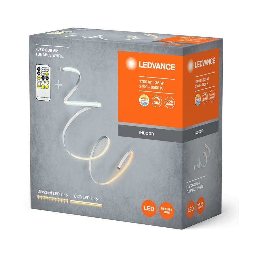 Balenie LED pásika s diaľkovým ovládaním zobrazuje pásik stočený do tvaru vlny, s popisom: Flex COB 5m Tunable White, 1700 lm | 35 W, 2700 - 6500 K, Indoor.
