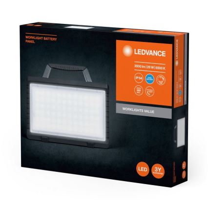 Batériové LED pracovné svetlo s rúčkou je zobrazené v čiernej krabici. Svetlo má rozmery 3000 lm, 26 W a 6500 K. Krabica uvádza IP54 a 3-ročnú záruku.