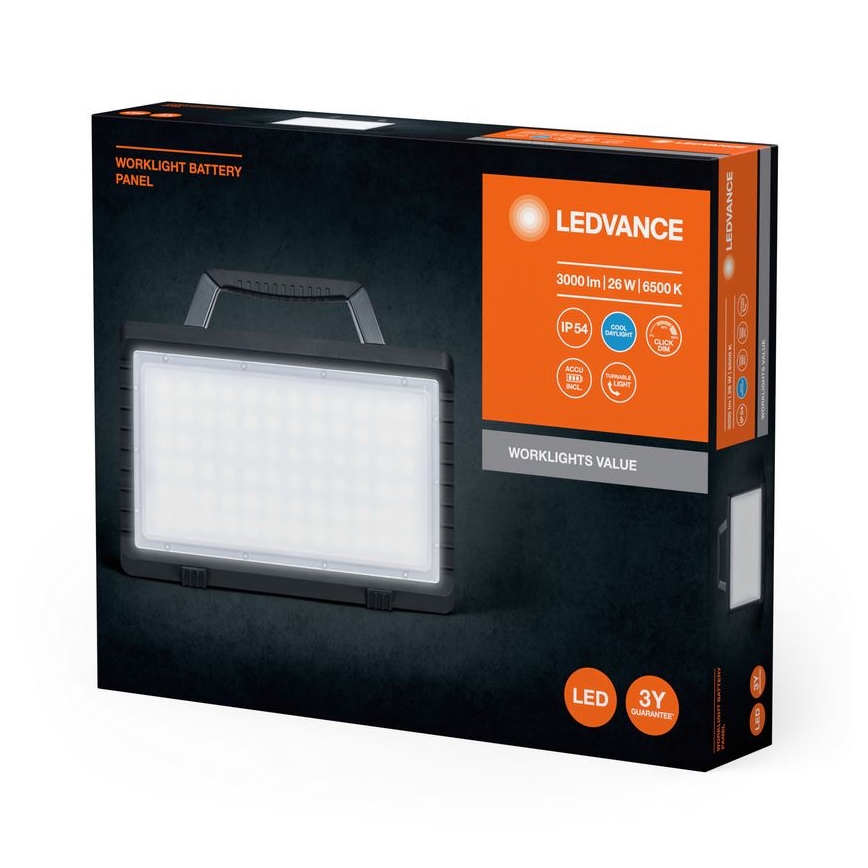 Batériové LED pracovné svetlo s rúčkou je zobrazené v čiernej krabici. Svetlo má rozmery 3000 lm, 26 W a 6500 K. Krabica uvádza IP54 a 3-ročnú záruku.