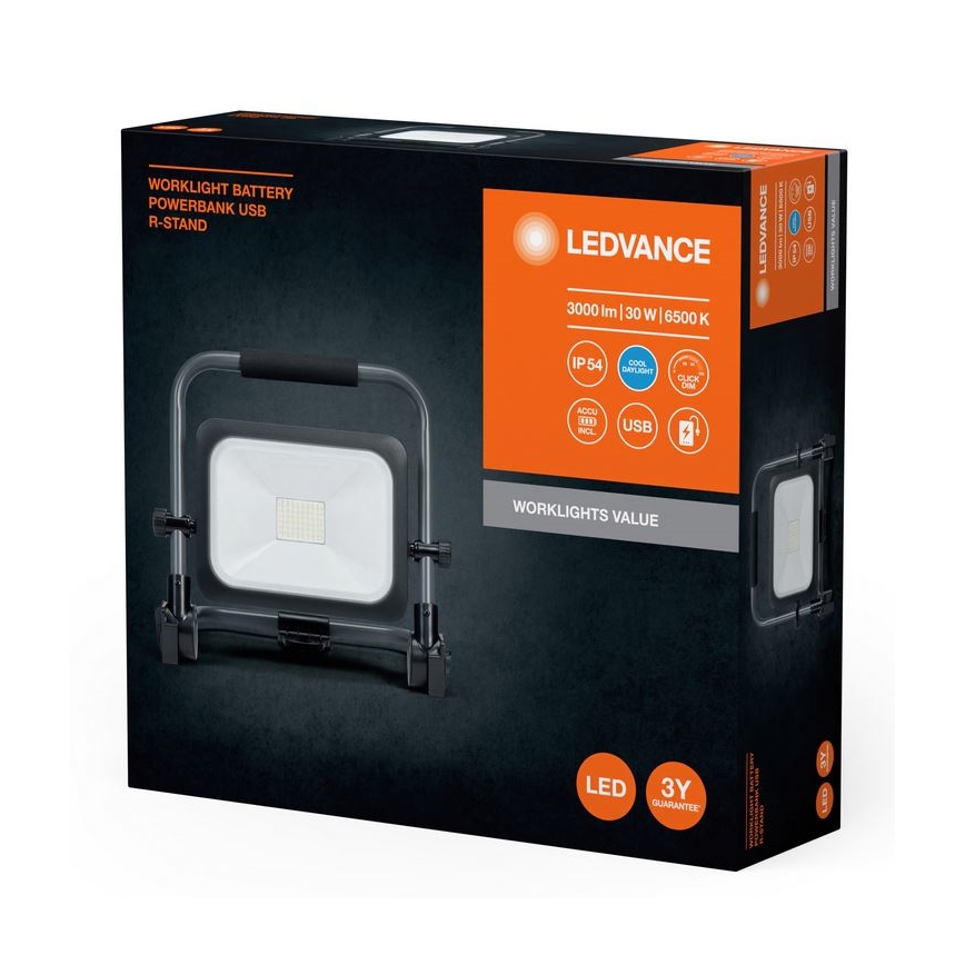 Ledvance - LED Stmievateľný vonkajší nabíjací reflektor WORKLIGHT BATTERY LED/30W/5V 2200 mAh IP54