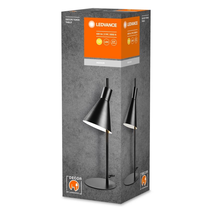 Čierna stolová lampa s kužeľovitým tienidlom je zobrazená na obale. Balenie uvádza: 420 lm, 5 W, 3000 K, LED, 5Y. Názov výrobku: DECOR Tokio.