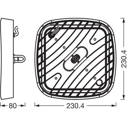 Náčrt štvorcového svetla s rozmermi 230,4 x 230,4 mm a hrúbkou 80 mm. Zobrazuje montážne otvory a vnútorné komponenty.