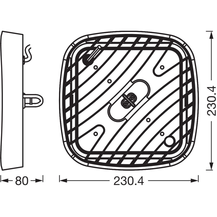 Náčrt štvorcového svetla s rozmermi 230,4 x 230,4 mm a hrúbkou 80 mm. Zobrazuje montážne otvory a vnútorné komponenty.