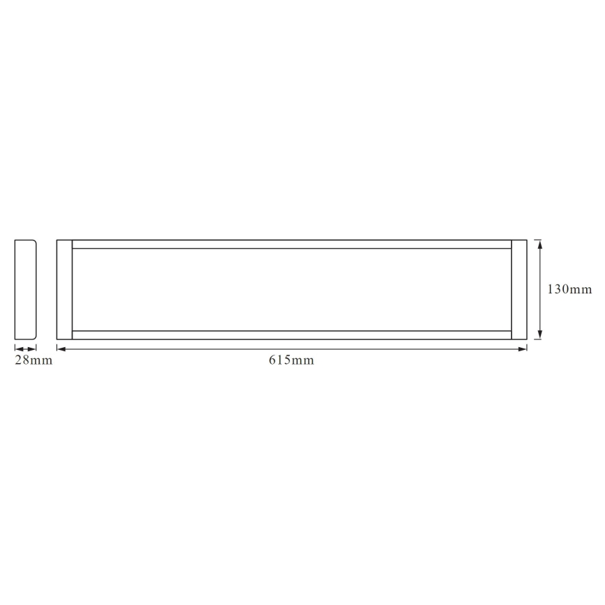 Dlhé obdĺžnikové teleso s rozmermi 615 mm x 130 mm a priľahlé menšie obdĺžnikové teleso s rozmerom 28 mm. Schematický nákres s rozmermi.