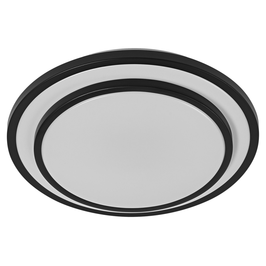 Svietidlo je umiestnené na strope. Má okrúhly tvar s dvojitým čiernym rámom a svetlosivým stredom. Je zobrazené na bielom pozadí.