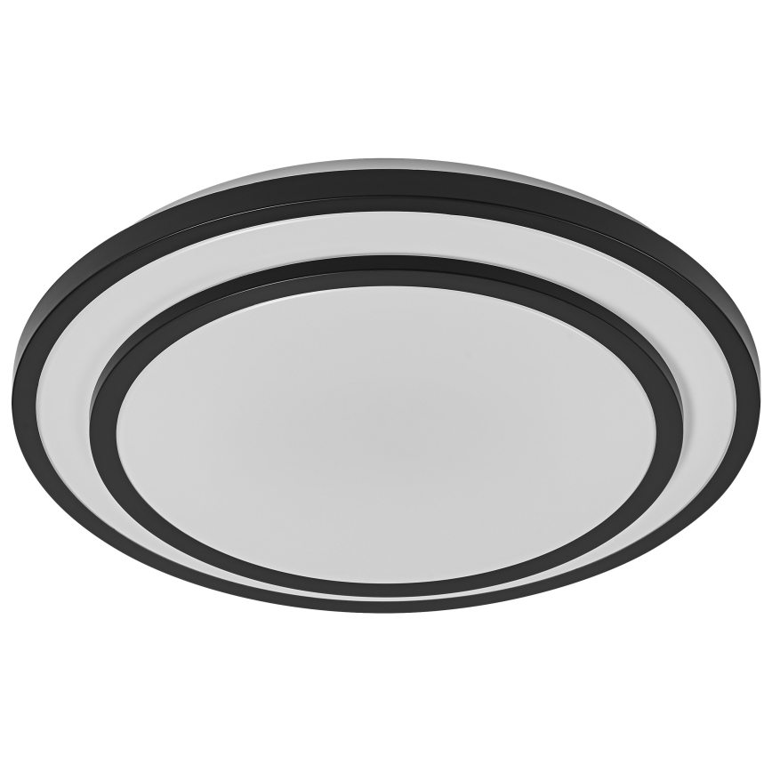 Okrúhle stropné svietidlo s dvojitým čiernym rámom a svetlosivým difúzorom. Svietidlo je zobrazené zhora. Biele pozadie.
