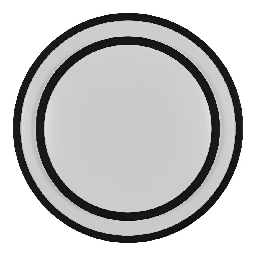 Dve prekrývajúce sa taniere; svetlosivá farba, čierny okraj. Na bielom pozadí.