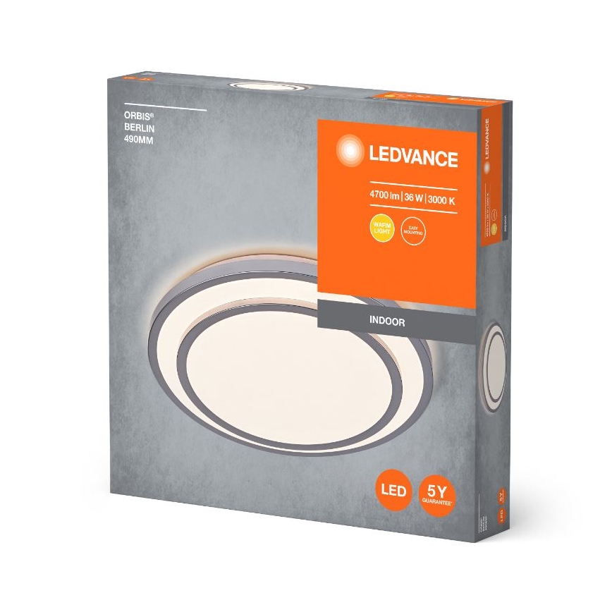 Okrúhle LED stropné svetlo s dvojitým okrajom je zobrazené na obale. Balenie uvádza: LEDVANCE, 4700 lm, 36 W, 3000 K, vnútorné použitie, 5-ročná záruka, ORBIS BERLIN 490MM.