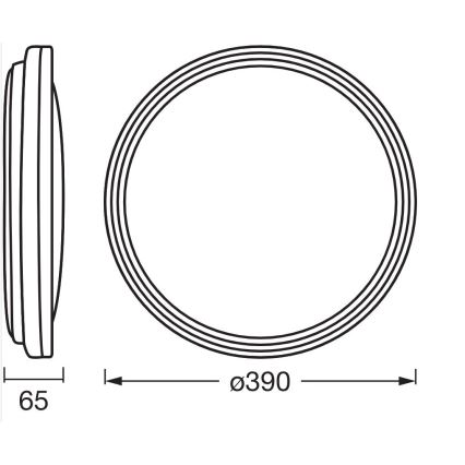 Kruhový predmet s priemerom 390 mm a hrúbkou 65 mm je zobrazený v čelnom a bočnom pohľade. Technický nákres s rozmermi.