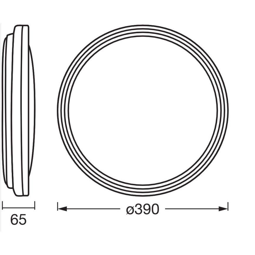 Kruhový predmet s priemerom 390 mm a hrúbkou 65 mm je zobrazený v čelnom a bočnom pohľade. Technický nákres s rozmermi.