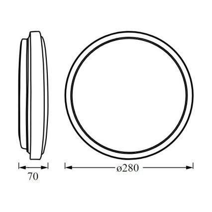 Kruhový objekt s priemerom 280 mm a hrúbkou 70 mm je znázornený v dvoch perspektívach: zboku a spredu. Technická schéma zobrazuje rozmery.