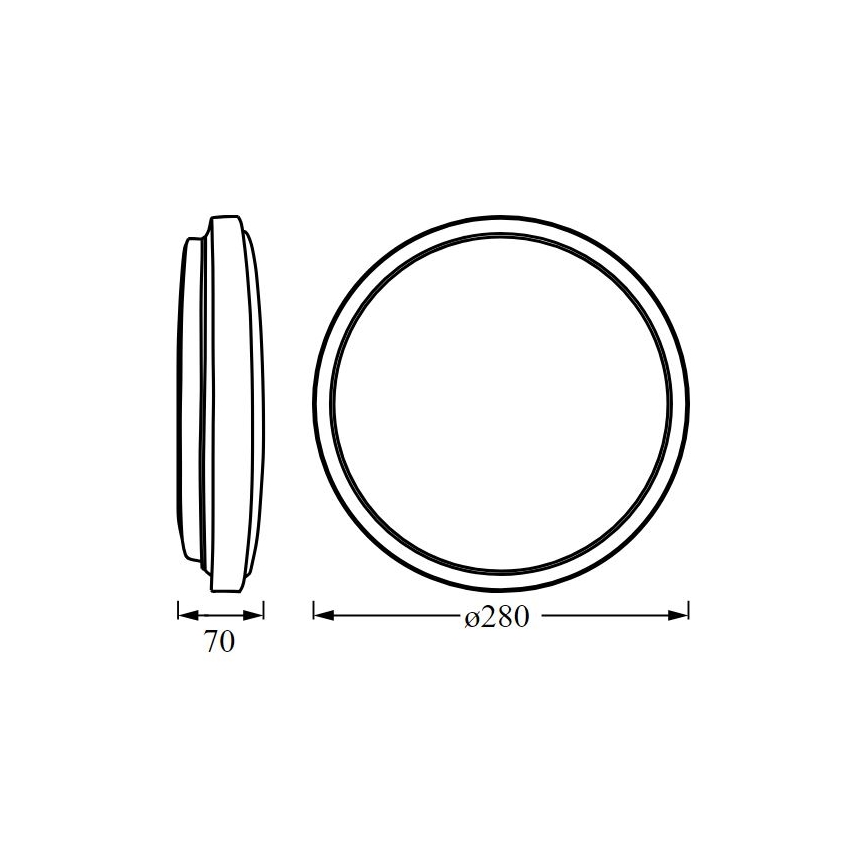 Kruhový objekt s priemerom 280 mm a hrúbkou 70 mm je znázornený v dvoch perspektívach: zboku a spredu. Technická schéma zobrazuje rozmery.