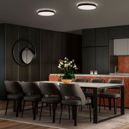 Dve stropné svietidlá svietia nad dlhým jedálenským stolom s tmavými stoličkami v tmavej jedálni s kuchynským pultom. Na stole je váza s bielymi kvetmi.