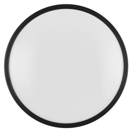 Okrúhle stropné svietidlo s bielym difúzorom a čiernym rámom je zobrazené na bielom pozadí.