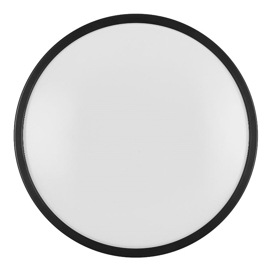 Okrúhle stropné svietidlo s bielym difúzorom a čiernym rámom je zobrazené na bielom pozadí.