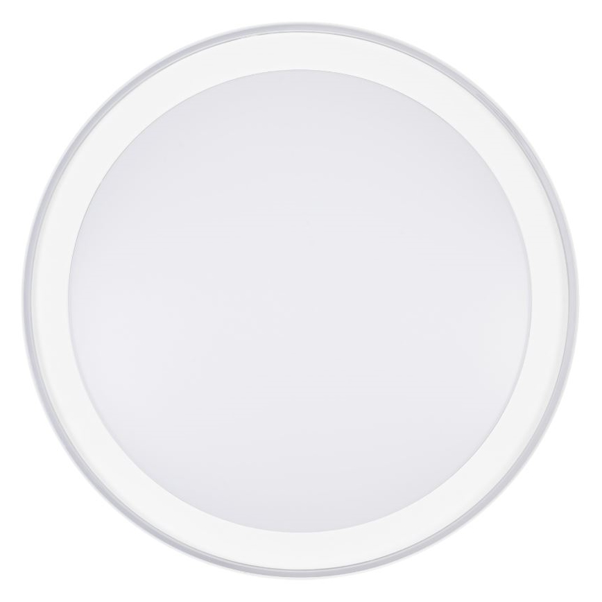 Okrúhle stropné svietidlo s vnútorným osvetlením je zobrazené na bielom pozadí. Svietidlo má biely difúzor a strieborný rám.