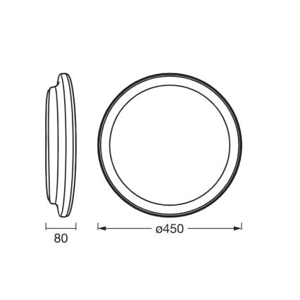 Kruhový rám s priemerom 450 mm a výškou 80 mm je zobrazený zhora a zboku. Technický výkres ukazuje rozmery.