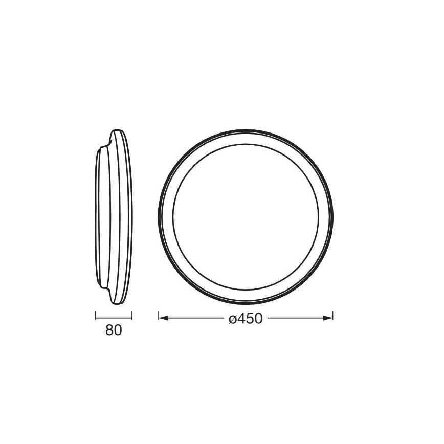 Kruhový rám s priemerom 450 mm a výškou 80 mm je zobrazený zhora a zboku. Technický výkres ukazuje rozmery.