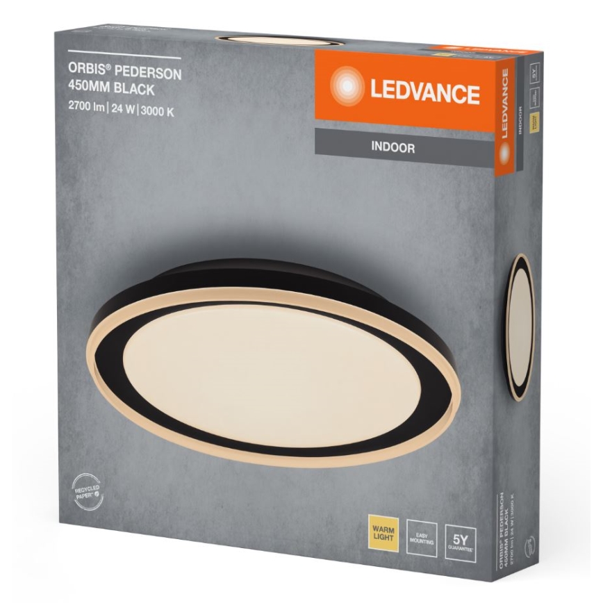 Oválny stropný LED svietidlo s čiernym a zlatým rámom je zobrazené na balení. Balenie uvádza: ORBIS® PEDERSON 450MM BLACK, 2700 lm | 24 W | 3000 K, LEDVANCE, INDOOR.