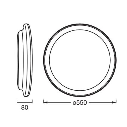 Okrúhly rám s priemerom 550 mm je zobrazený zhora a zboku s rozmerom 80 mm. Liniová kresba ukazuje rozmery a tvar.