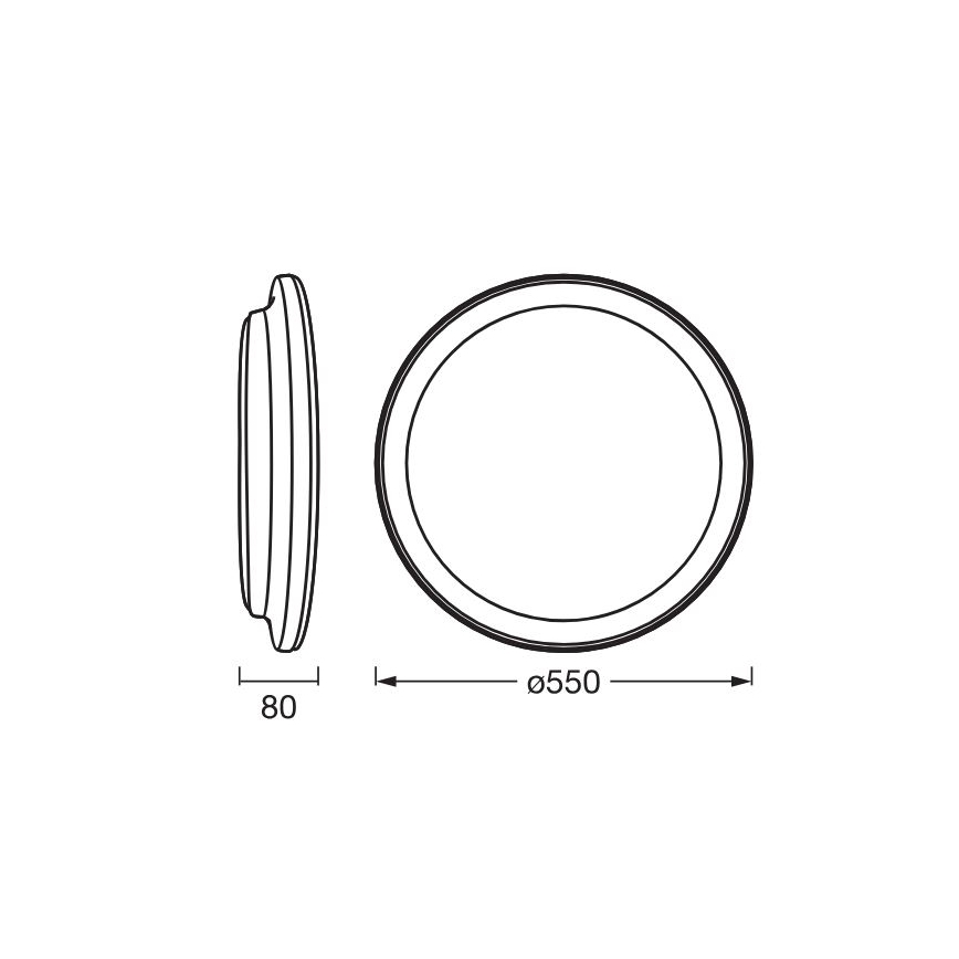 Kruhový rám s priemerom 550 mm je zobrazený v dvoch pohľadoch. Bočný pohľad ukazuje hrúbku 80 mm. Súčasťou je technický nákres s rozmermi.