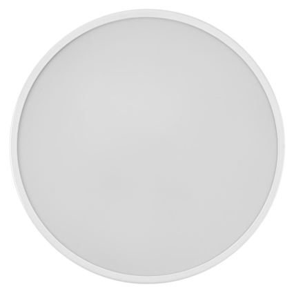 Kruhové LED svetlo s bielym rámom je zobrazené na bielom pozadí. Svetlo je vypnuté.