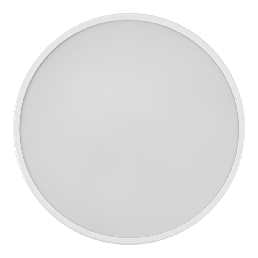 Kruhové LED svetlo s bielym rámom je zobrazené na bielom pozadí. Svetlo je vypnuté.