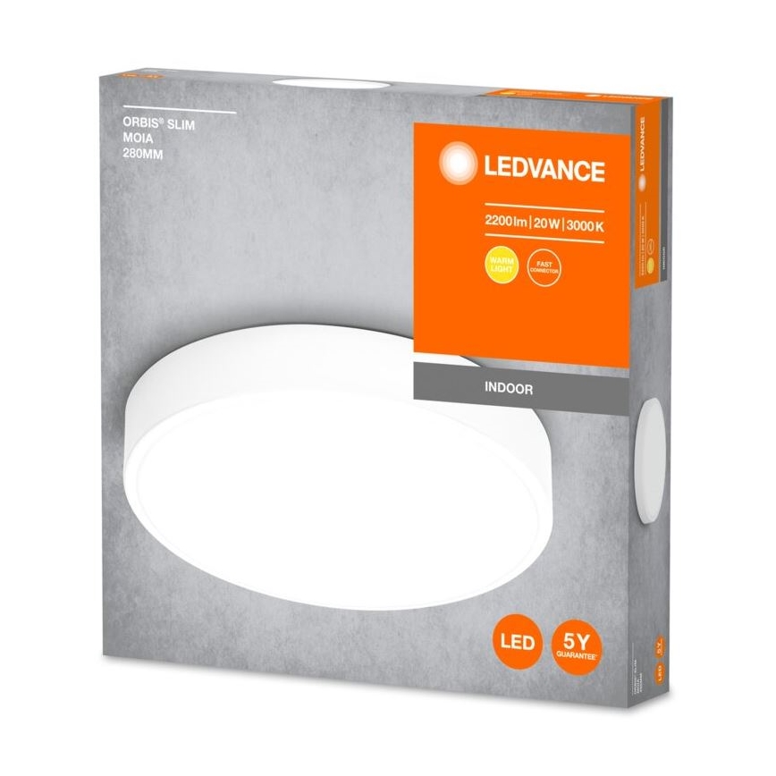Okrúhle LED svietidlo je zobrazené v balení. Balenie uvádza: ORBIS® SLIM MOIA 280MM, LEDVANCE, 2200lm | 20W | 3000K, INDOOR, LED, 5Y GUARANTEE.