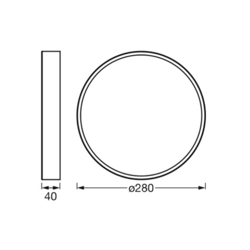 Technický nákres kruhového predmetu s priemerom 280 mm a hrúbkou 40 mm. Je znázornený v dvoch pohľadoch: zhora a zboku.