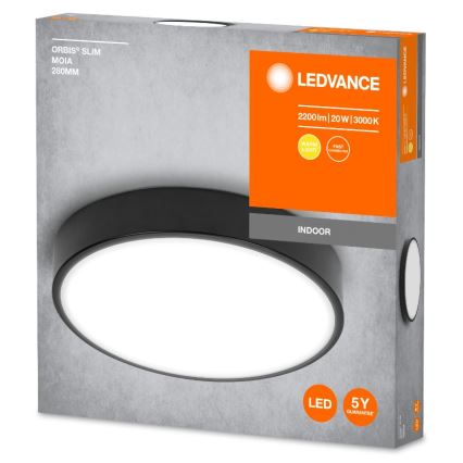 Okrúhle stropné LED svietidlo s čiernym rámom je zobrazené na obale. Balenie uvádza: ORBIS® SLIM MOIA 280MM, LEDVANCE, 2200lm | 20W | 3000K, WARM LIGHT, FAST CONNECT, INDOOR, LED, 5Y GUARANTEE.