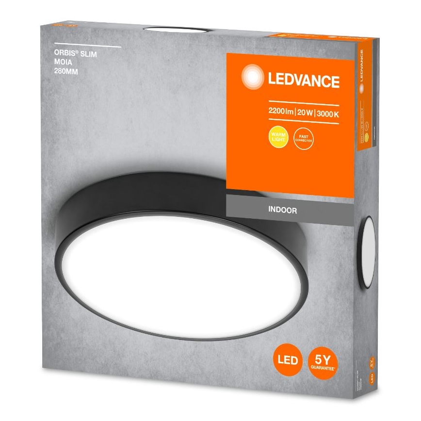Okrúhle stropné LED svietidlo s čiernym rámom je zobrazené na obale. Balenie uvádza: ORBIS® SLIM MOIA 280MM, LEDVANCE, 2200lm | 20W | 3000K, WARM LIGHT, FAST CONNECT, INDOOR, LED, 5Y GUARANTEE.