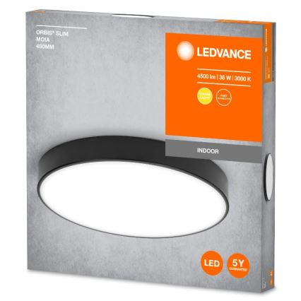 Oválny LED panel s čiernym rámom je zobrazený na obale. Balenie uvádza: ORBIS SLIM MOIA 480MM, LEDVANCE, 4500 lm | 36 W | 3000 K, Warm Light, Fast Connector, Indoor, LED, 5Y Guarantee.