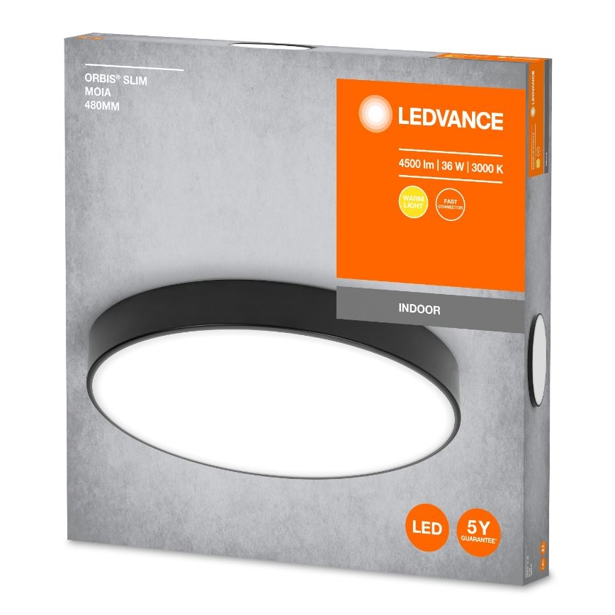 Oválny LED panel s čiernym rámom je zobrazený na obale. Balenie uvádza: ORBIS SLIM MOIA 480MM, LEDVANCE, 4500 lm | 36 W | 3000 K, Warm Light, Fast Connector, Indoor, LED, 5Y Guarantee.