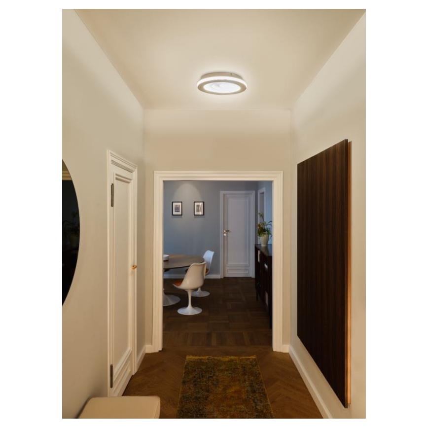 Kruhové stropné svietidlo svieti v chodbe. Chodba má dlážkovú podlahu, vedie do jedálne s okrúhlym stolom a stoličkami. Na stene visí veľký tmavý obraz.